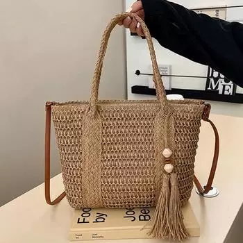 Большая вместительная женская соломенная сумка через плечо, плетеная сумка ручной работы