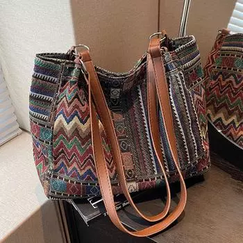 Большая вместительная женская сумка 2024 года, новая модная сумка для поездок на работу, женская сумка-тоут в этническом стиле, холщовая сумка через плечо для женщин чёрный