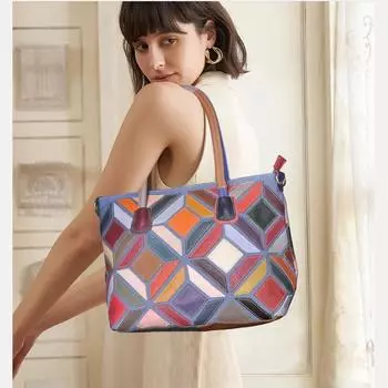 Большая вместительная женская сумка из натуральной кожи с геометрическим узором, комбинированная цветовая гамма, повседневное использование, бутик