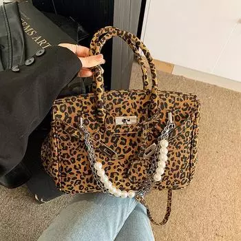 Большая вместительная женская сумка осень-зима популярная леопардовая принт премиум-класса Sense Pearl Chain Platinum сумка сумка-мессенджер для поездок на работу 31*16.5*23 коричневый