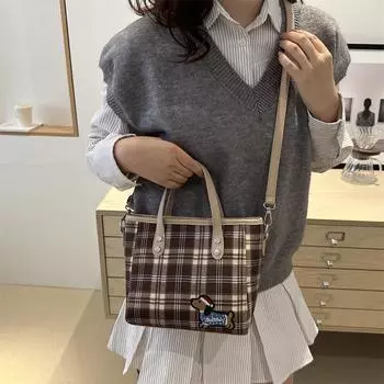 Большая вместительная женская сумка, сумка-корзина для овощей, переносная сумка-мессенджер, новая осенняя модная клетчатая сумка темно-коричневого