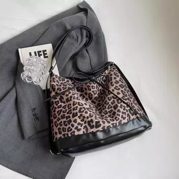 Большая вместительная женская сумка-тоут с бантом и леопардовым принтом для колледжа, одноместная, через плечо коричневый