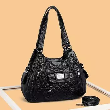 Большая вместительная женская сумка-тоут из мытой кожи, винтажная универсальная сумка-тоут через плечо для поездок на работу и учебу чёрный