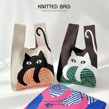 Большая вязаная сумка через плечо с милым котом