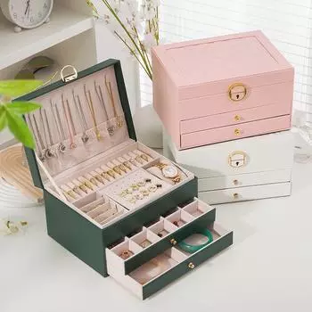 Большая запираемая кожаная шкатулка для украшений — многофункциональное трехслойное хранилище для сережек и многого другого