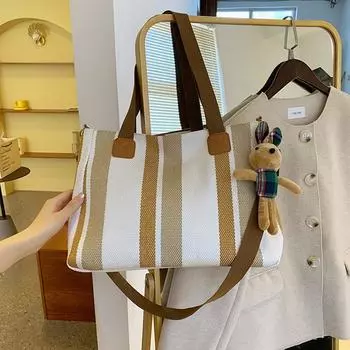 Большая женская сумка 2024 года, новая модная полосатая холщовая сумка, сумка-тоут для поездок на работу, модная сумка-мессенджер через плечо для мам хаки