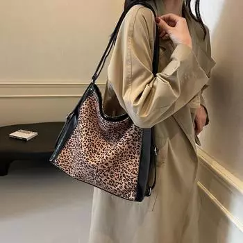 Большая женская сумка 2024 года, осень-зима, новая модная повседневная женская сумка через плечо с леопардовым принтом, многоцелевая сумка-мессенджер большого объема бежевый
