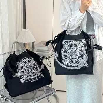 Большая женская сумка-тоут из нейлона с вышивкой в стиле ретро - универсальная складная сумка через плечо Medium