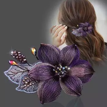 Большая женская заколка для волос в корейском стиле, головной убор с кристаллами, ретро-цветочная заколка для волос, подарок серый