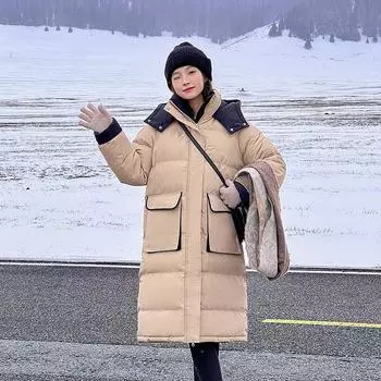 Большая женская зимняя куртка с большими карманами. Новая длинная популярная куртка выше колена для студентов, утолщенного цвета. XL хаки