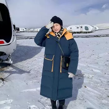 Большая женская зимняя куртка с большими карманами. Новая длинная популярная куртка выше колена для студентов, утолщенного цвета. XL синий