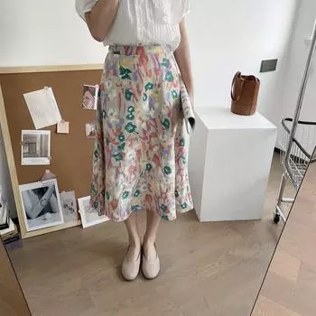 Больше. Юбка Xia с принтом масляной живописи и высокой талией, модная юбка А-силуэта средней длины L розовый