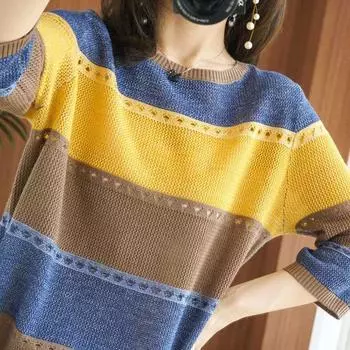 Больше. Свитер, новый пуловер с круглым вырезом, вязаный свитер, женский корейский вариант, свободный тонкий полый женский халат с семиминутными рукавами One Size