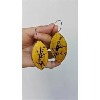 Большие бамбуковые новые китайские серьги с лаковой золотой росписью - ручная работа