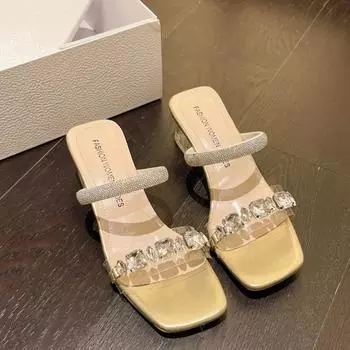Большие босоножки на толстом каблуке с кристаллами и жемчугом в стиле феи, новые босоножки на высоком каблуке с квадратным носком 35 золотой