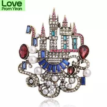 Большие броши в виде замка со стразами для женщин, дизайнерские цветные винтажные романтические броши для дворцовой вечеринки, банкета, булавки, подарки красный
