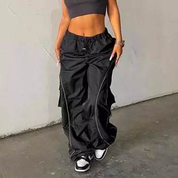 Большие брюки на шнуровке, спортивные черные брюки, уличная одежда, сексуальные женские брюки, свободные повседневные широкие брюки S чёрный