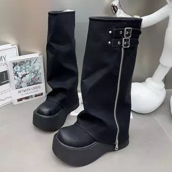 Большие брюки Сапоги Милые крутые горячие девушки Ботинки с ворсом Сапоги в стиле вестерн на толстой подошве, но сапоги выше колена Высокие рыцарские сапоги 34 чёрный