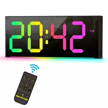 Большие цифровые настенные часы RGB с датой и пультом дистанционного управления, настольные часы с подсветкой RGB, 12/24-часовое летнее время, функция отключения питания, память, светодиодный будильник 28.4x11.8x3cm белый