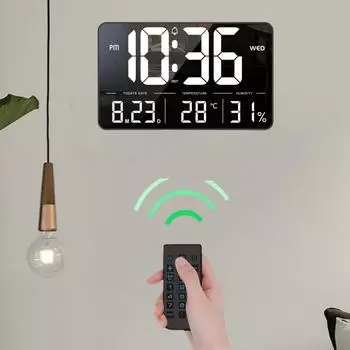 Большие цифровые настенные часы с дистанционным управлением, температура, влажность, дата, неделя, ночной режим, питание от USB, настольные часы с 12/24-часовым летним временем, светодиодные часы 29.1x18x3cm чёрный