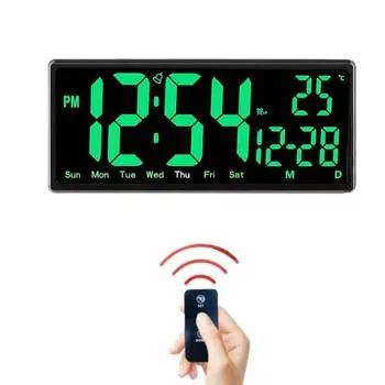Большие цифровые настенные часы с дистанционным управлением, TEMP, дата, неделя, ночной режим, настольные часы 12/24 ч, функция отключения питания, память, светодиодный будильник, домашний декор 14 inch зелёный