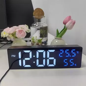 Большие цифровые настенные часы с питанием от USB, индикацией температуры, влажности, даты, ночного режима, яркости, затемнения, повтора 12/24 ч., настольные светодиодные часы-будильник 9 inch