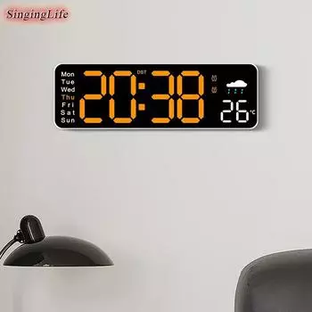 Большие цифровые настенные часы Температура Влажность Дата Неделя Погода Дисплей Яркость Регулируемый светодиодный пульт дистанционного управления Будильники