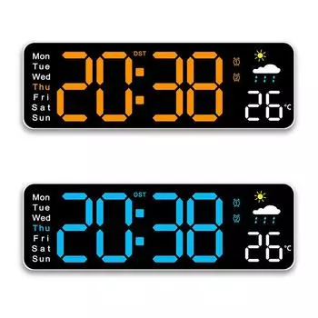Большие цифровые настенные часы Температура Влажность Дата Неделя Погода Дисплей Яркость Регулируемый светодиодный пульт дистанционного управления Будильники