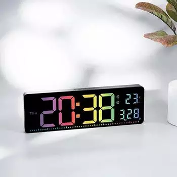Большие цифровые светодиодные настенные часы с цветным секундным индикатором, температурой, датой, дисплеем недели, яркостью и регулируемым будильником белый