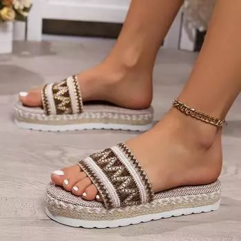 Большие цветные тапочки на толстой подошве женские 2024 года новые туфли из пеньковой веревки карамельного цвета с одним символом в виде рыбьего рта 35 чёрный