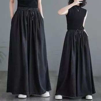 Большие джинсы весна лето широкие длинные брюки женские оборки плиссированные модные повседневные свободные женские брюки с высокой талией женские брюки XXXL чёрный