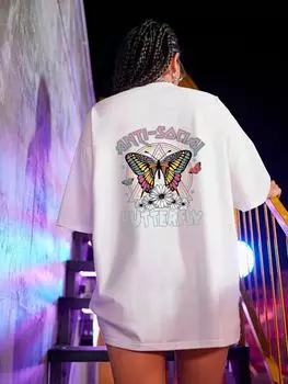 Большие футболки с рисунком бабочки, женские летние белые удобные футболки унисекс, корейская версия, хлопковые футболки с короткими рукавами L