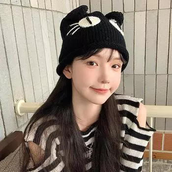 Большие глаза, милые кроличьи уши, женская осенне-зимняя утолщенная теплая вязаная шапка-пуловер, универсальная шерстяная шапка для родов Average size (55-58cm) красный