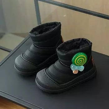 Большие хлопковые сапоги для девочек, зимние новые детские зимние сапоги с толстой теплой хлопковой обувью, короткие сапоги для маленьких девочек 25 чёрный