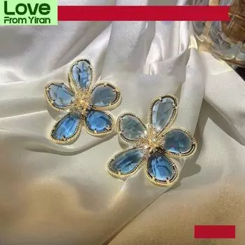 Большие хрустальные серьги-гвоздики с цветком для женщин, цветные хрустальные модные украшения, милые подарки красный