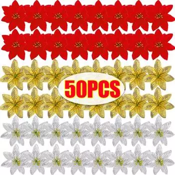 Большие искусственные рождественские цветы, искусственные шелковые цветы с зажимом, рождественская пуансеттия, своими руками, рождественский цветочный букет, новогоднее украшение 5pcs