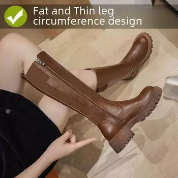 Большие коричневые рыцарские сапоги на толстой подошве для широких икр с дополнительной бархатной подкладкой 40