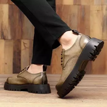 Большие кожаные туфли мужские летние дышащие тонкие деловые повседневные сандалии молодежные туфли на платформе с круглым носком на платформе короткие ботинки для мужчин 38