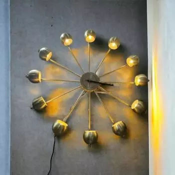 Большие круглые часы из латуни середины века с 12 лампочками - потрясающая люстра, современные настенные часы, декоративная лампа, упаковка из 1 шт.