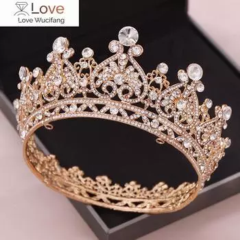 Большие круглые короны золотого цвета, тиара в стиле барокко, корона с кристаллами в форме сердца, свадебные аксессуары для волос, диадема королевы и принцессы, свадебные украшения