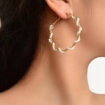 Большие круглые серьги C-образной формы с рисовыми бусинами, модные серьги O-образной формы с жемчужной закруткой золотой