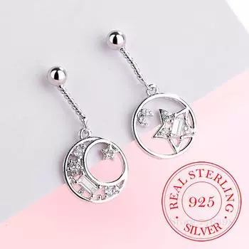Большие круглые серьги-подвески со звездами и луной из стерлингового серебра 925 пробы для женщин, модные ювелирные изделия для женщин