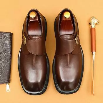 Большие квадратные кожаные туфли мужские деловые повседневные туфли высокого класса Sense кожаные туфли Munk на широкую ногу 37 чёрный