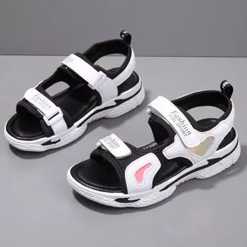 Большие летние детские модные легкие уличные повседневные сандалии на липучке, женская пляжная обувь, тапочки 32 чёрный/белый