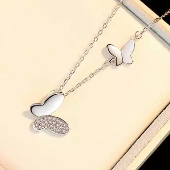 Большие маленькие две бабочки с кубическим цирконием, стерлинговое серебро 925 пробы, ожерелье-цепочка на ключицы для женщин, дамы, корейские изысканные ювелирные изделия 40cm