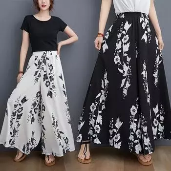Большие мешковатые широкие брюки женские летние с принтом эластичные брюки-кюлоты с высокой талией S