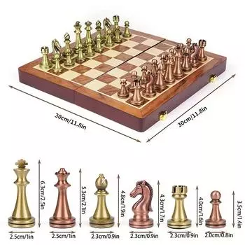 Большие металлические шахматы класса люкс, ретро-шахматы из медного сплава, набор для взрослых, настольная игра, переносная деревянная коробка для хранения, складной шахматный набор