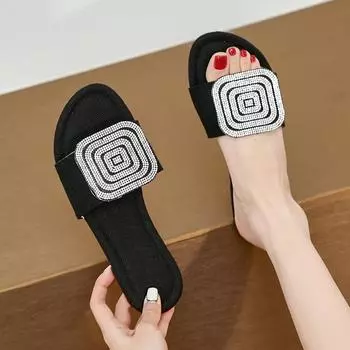 Большие модные тапочки с круглым носком и бриллиантами для женщин, летние, крутые, пляжные тапочки для улицы 35 бежевый