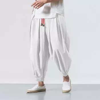 Большие мужские свободные шаровары осенние китайские льняные леггинсы повседневные фирменные брюки мужские XXXXXL белый