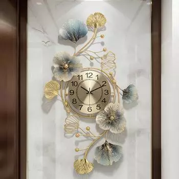 Большие настенные часы в стиле ретро с металлическим дизайном листьев гинкго, простая установка, не тикающие, 3D, бесшумные, настенные